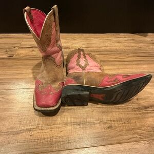 Brown and pink boots